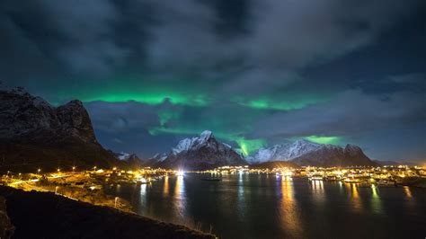 Norway Lofoten Night Northern Lights Hd Wallpaper