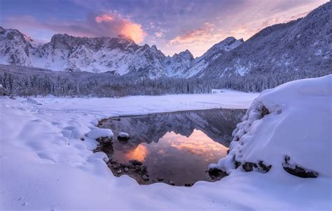 Wallpaper Winter Forest Snow Sunset Mountains Lake Reflection