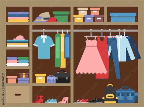 Large Wardrobe With Different Clothes Vector Illustration In Flat