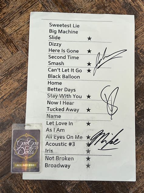 GOO GOO DOLLS SIGNED - AUTOGRAPHED 2010 TOUR SETLIST & BACKSTAGE PASS