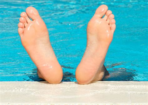 Mans Feet On Swimming Pool Background Stock Image Image