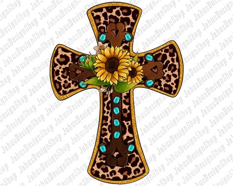 Western Leopard Gemstone Sunflower Cross Png Sublimation Design Downloads Cowhide Cross Png