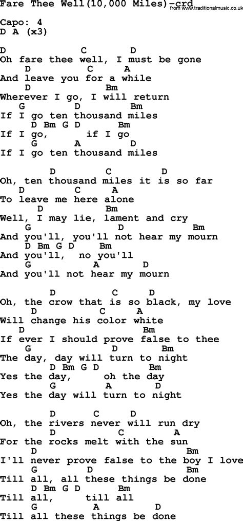 Joan Baez Song Fare Thee Well 10000 Miles Lyrics And Chords