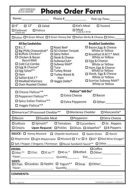 Printable Subway Order Form