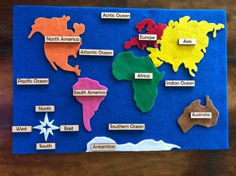 Continents Felt Map With Wooden Labels Etsy Continents And Oceans