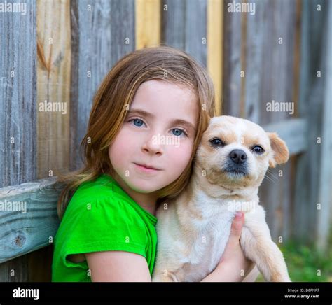 Blond Happy Girl With Her Chihuahua Doggy Portrait On Backyard Fence