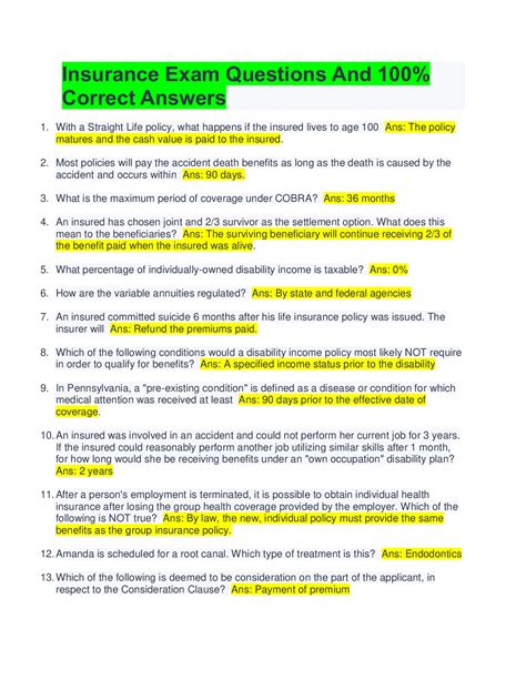 Insurance Exam Questions And 100 Correct Answers Browsegrades