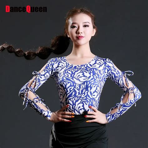 Nice Latin Dance Shirts For Ladies Black Blue Printing Ice Silk Tops Wears Vestido Leopardo