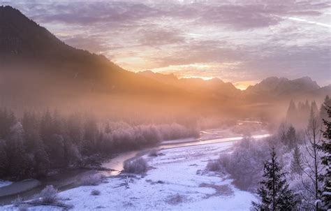 Wallpaper Winter Frost Forest Snow Mountains Fog River Morning