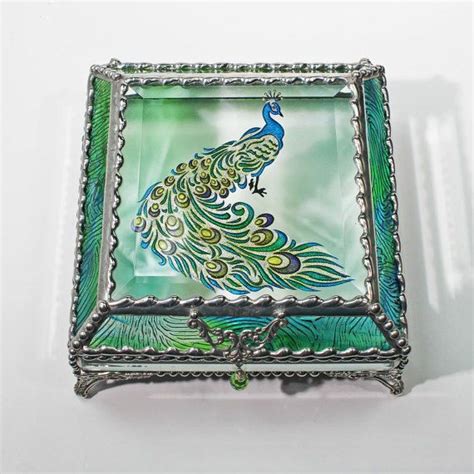 Etched Hand Painted Peacock Stained Box Jewelry Box T Box Glass
