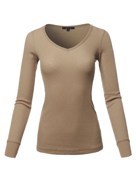 a2y a2y women s basic solid long sleeve v neck fitted thermal top shirt khaki l