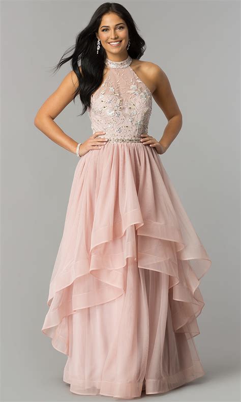 Mauve Pink Long Tiered Tulle Prom Dress Promgirl
