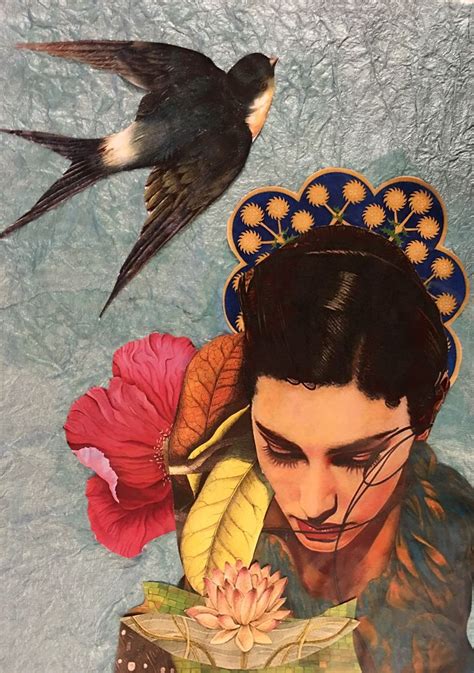A Painting Of A Woman With Flowers In Her Hair And Two Birds Flying