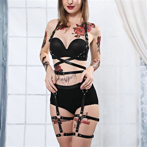 UYEE Leather Harness Lingerie 2 Piece Set Garters Belts Sexy Women
