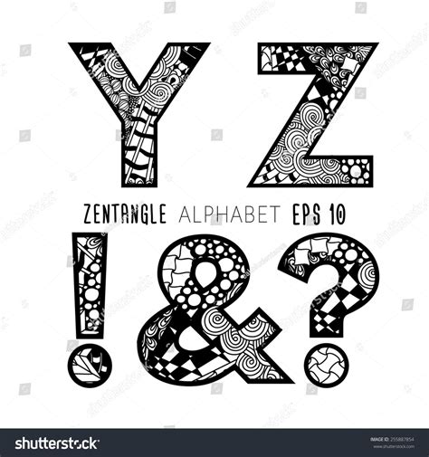 Vector Set Of Zentangle Letters Doodle Alphabet On Plain White