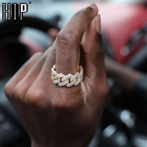 Hip Hop Iced Out Bling Charm Cuban Prong Ring Mens Gold Color Cubic Zirconia Ring For Men Women