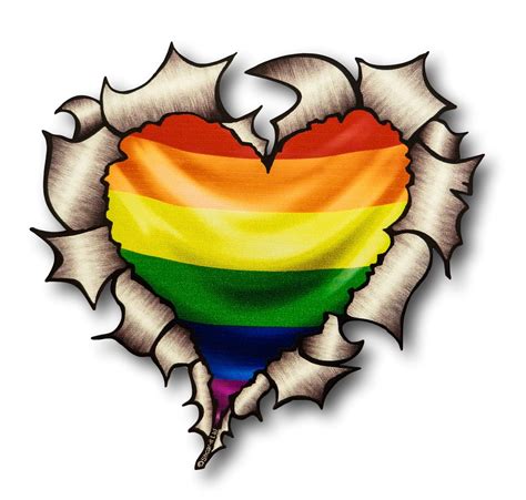 ripped torn metal heart with gay pride lgbt rainbow flag motif external car sticker 105x100mm