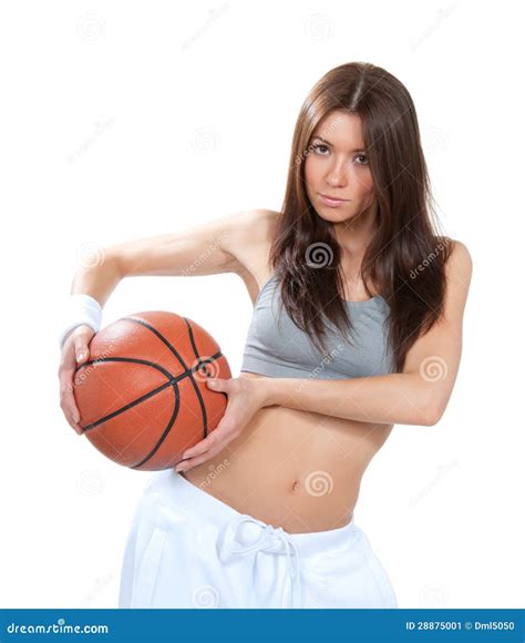 Pretty Brunette Woman Holding Basketball In Hand Stock Image Image Of