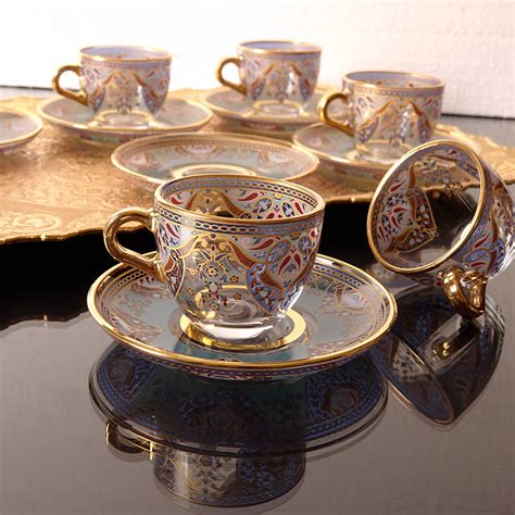 Arabic Turkish Espresso Cups Set For Six Person Metal With Tray
