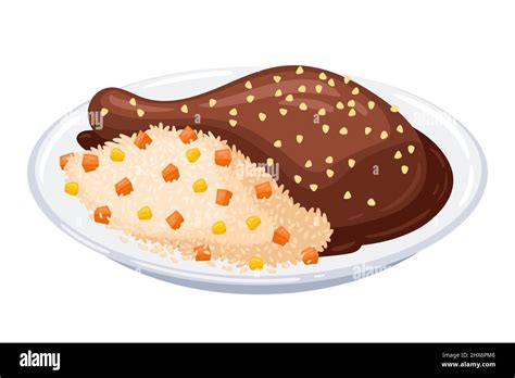 Mole Poblano con arroz Ilustración de vector alimentario mexicano