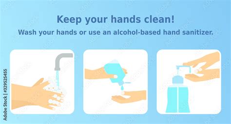 Vector Illustration Keep Your Hands Clean Set Of 3 Icons Of Washing