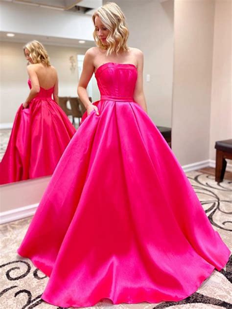 Sexy Pink Strapless Satin Long Ball Gowns Prom Dresses Pink Strapless