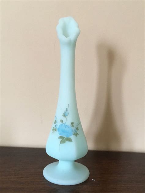 Fenton Swung Bud Vase Blue Roses Pattern On Blue Satin 8 25” Tall Painted By S Hart 1978 82