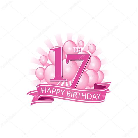 17th Pink Happy Birthday Logo With Balloons And Burst Of Light Stock