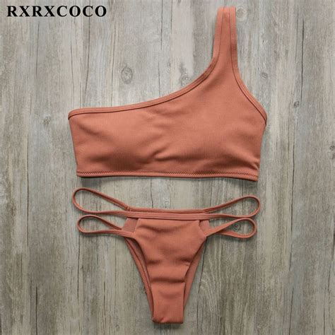 Rxrxcoco Hot Solid Bikini 2018 Sexy One Shoulder Swimwear Women Brown Bikinis Set Brazilian