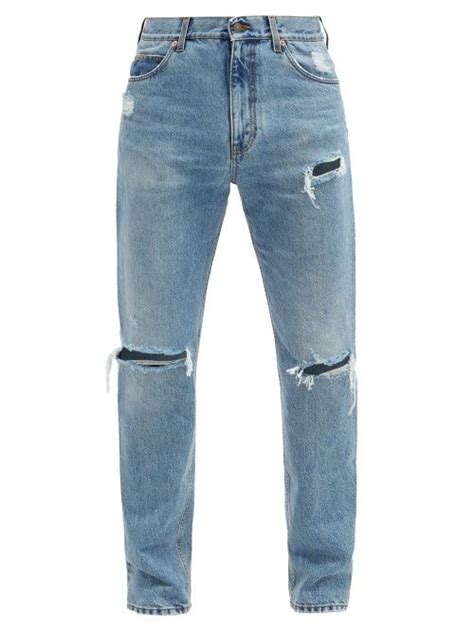 Gucci Ripped Straight Leg Jeans Mens Light Blue Ripped Jeans
