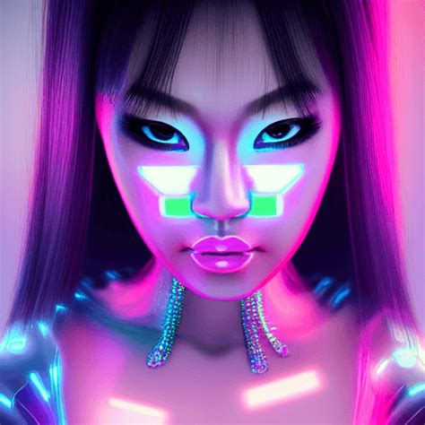 Asian Japanese Woman Gorgeous Face Full Body Cyber Punk Neon Bra Cybernetic Bra Lips Style Of
