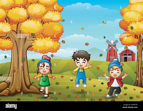 Happy Children Playing With Autumn Leaves Stock Vector Image And Art Alamy