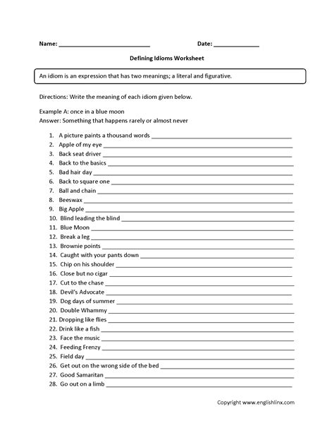 grade  idioms worksheets  answers worksheet life