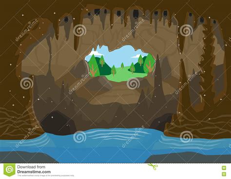 An Illustration Of A Cave With Underground River And Bats Hanging From