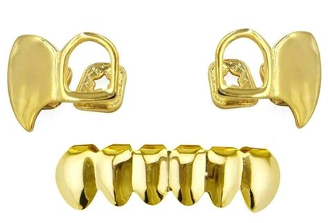 Custom 14k Gold Gp Bottom Lower Teeth Grillz And Upper Top Double Fangs 3pc Set Body Jewelry