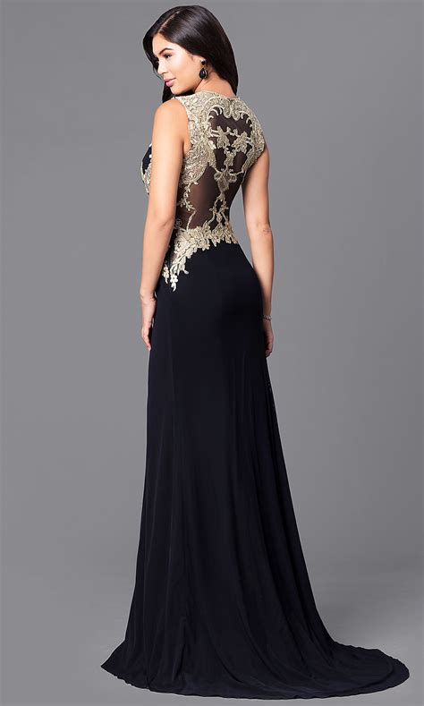 Black And Gold Lace Long Formal V Neck Prom Dress