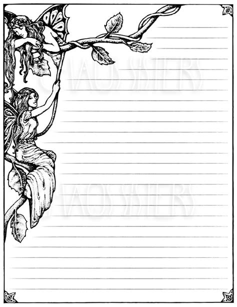 a blank lined paper with an image of a fairy sitting on a branch and holding a flower