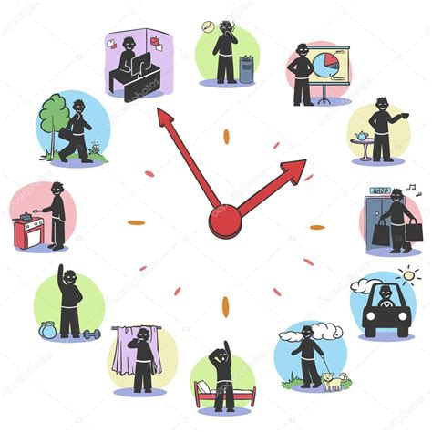 Daily Routine Clock Characters Concept With Man Doing Different