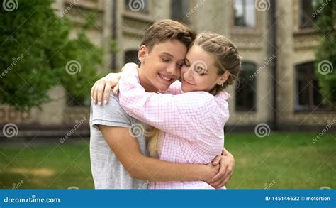 Girlfriend Hugging Teen Boyfriend Loving Relationship Tender Emotions