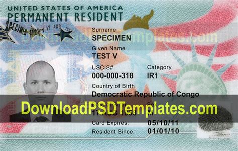 A holder of the green card has the power to live and work anywhere in the united states. US Permanent Resident Card Template PSD New in 2020 | Green cards, Green card usa, Card template