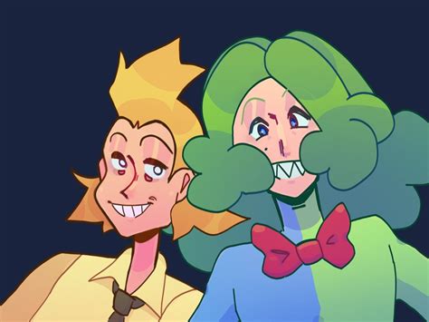 Two Cartoon Characters One With Green Hair And The Other Wearing A Bow Tie Are Looking At Each