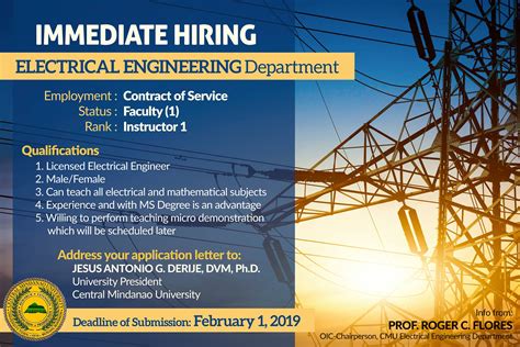 Hiring Department Of Electrical Engineering Central Mindanao University
