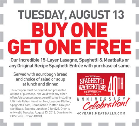 pinned august 11th second spaghetti or lasagna meal free tuesday at spaghetti warehouse