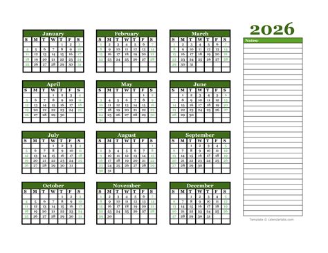 2026 Yearly Calendar With Blank Notes Free Printable Templates