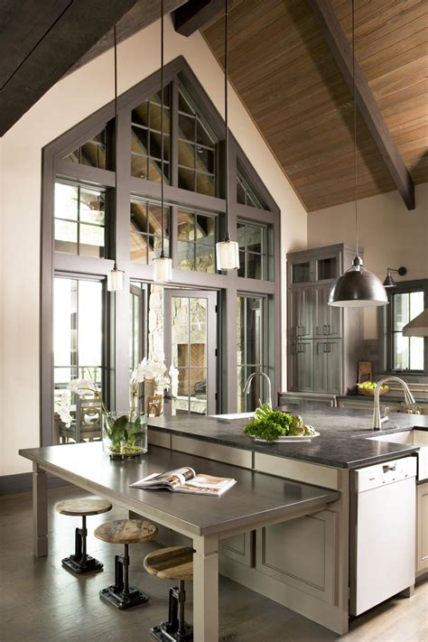 The straight lines of a large room are broken up with variety: Transitional Kitchen with Cathedral Ceiling | HGTV