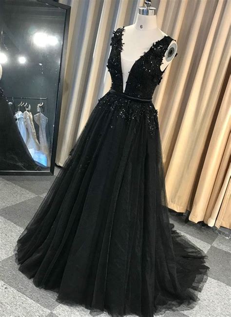 Custom Made Black Tulle Long V Neck Lace Applique Senior Prom Dress