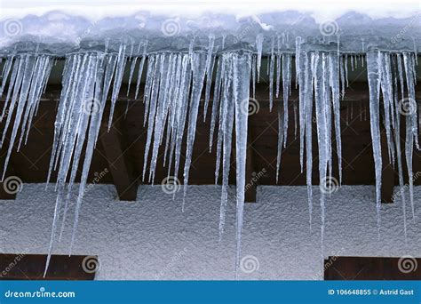 Large Dangerous Icicles On A House Roof In Winter Stock Image Image