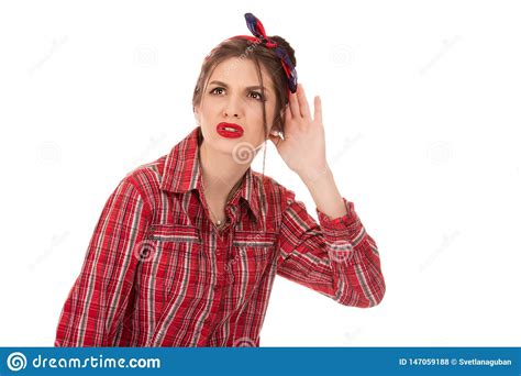 Nosy Woman Hand To Ear Gesture Trying Carefully Foto De Stock Imagem