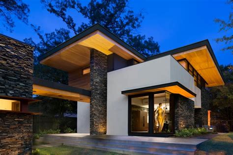 Cantilevered Modern Home With Stacked Stone House Design Photos