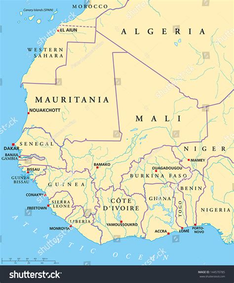 West Africa Map Hand Drawn Map With Capitals National Borders Rivers